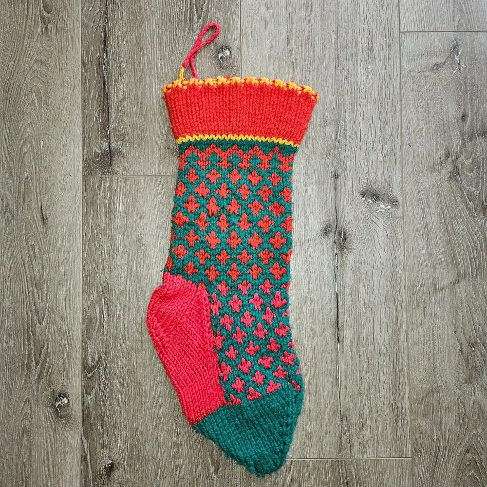 Vintage Handmade Crocheted Knitted Red green Christmas Stocking 21